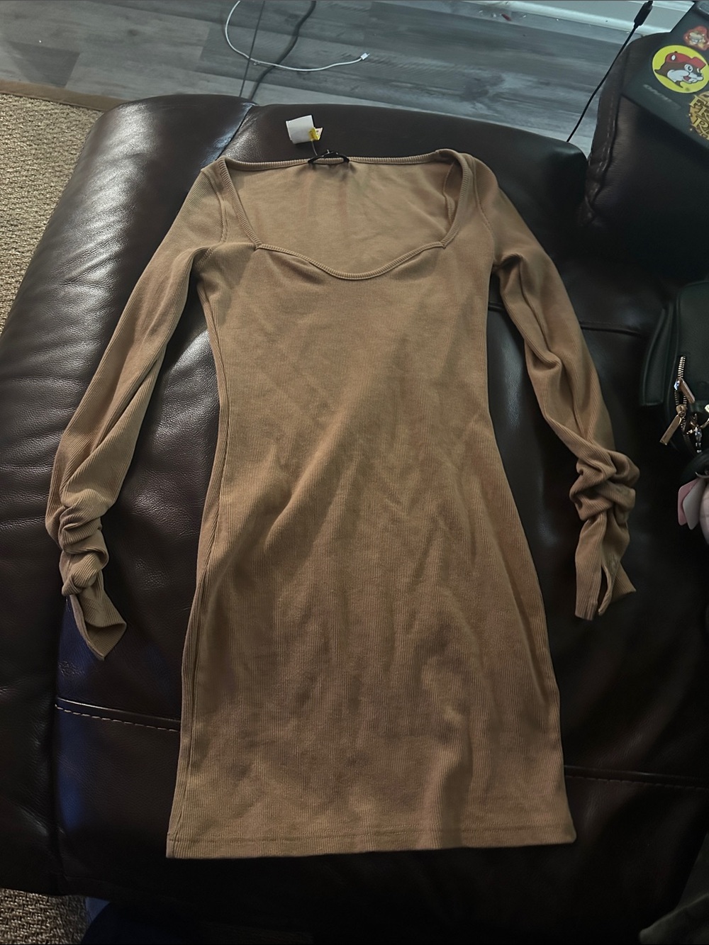 Missguided Long Sleeve Tie-Cuff Dress in Camel Brown